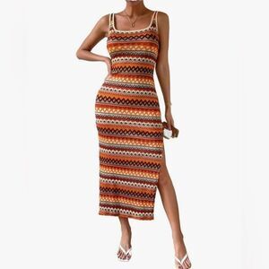 Fall colors knitted fabric pattern midi bodycon dress size small